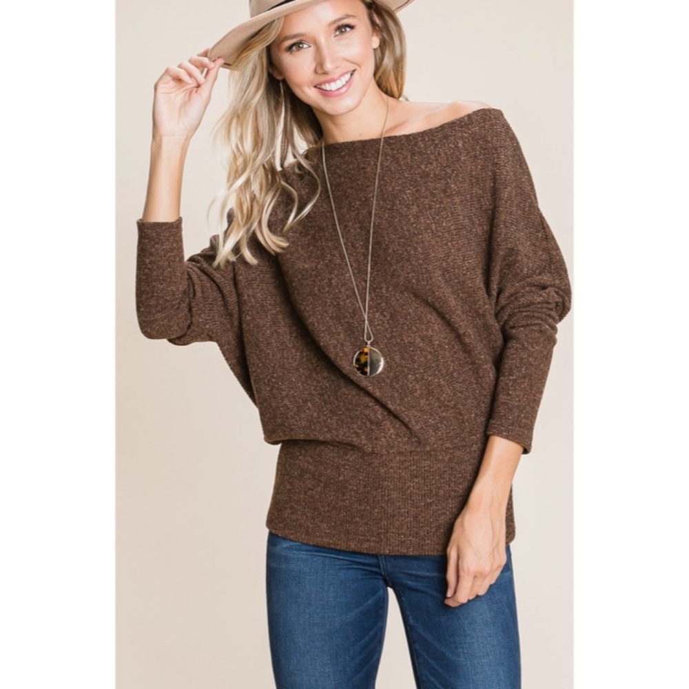 SOLD OUT Brown Solid Ribbed Off Shoulder Dolman Sweater - Picture 4 of 6